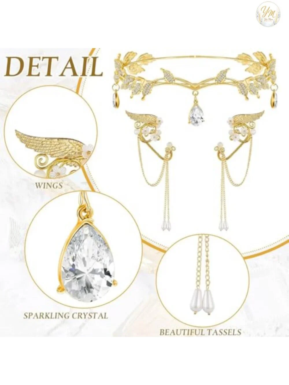 3 Pc Rhinestone Leaf Headband Elf Ear Fairy Costume Crown Cosplay Women